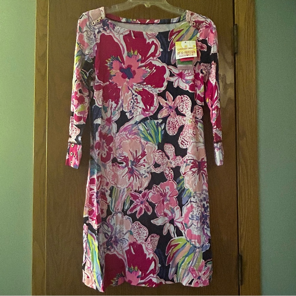 Lilly Pulitzer Sophie dress size small floral tipping point navy UPF 50+ NWT